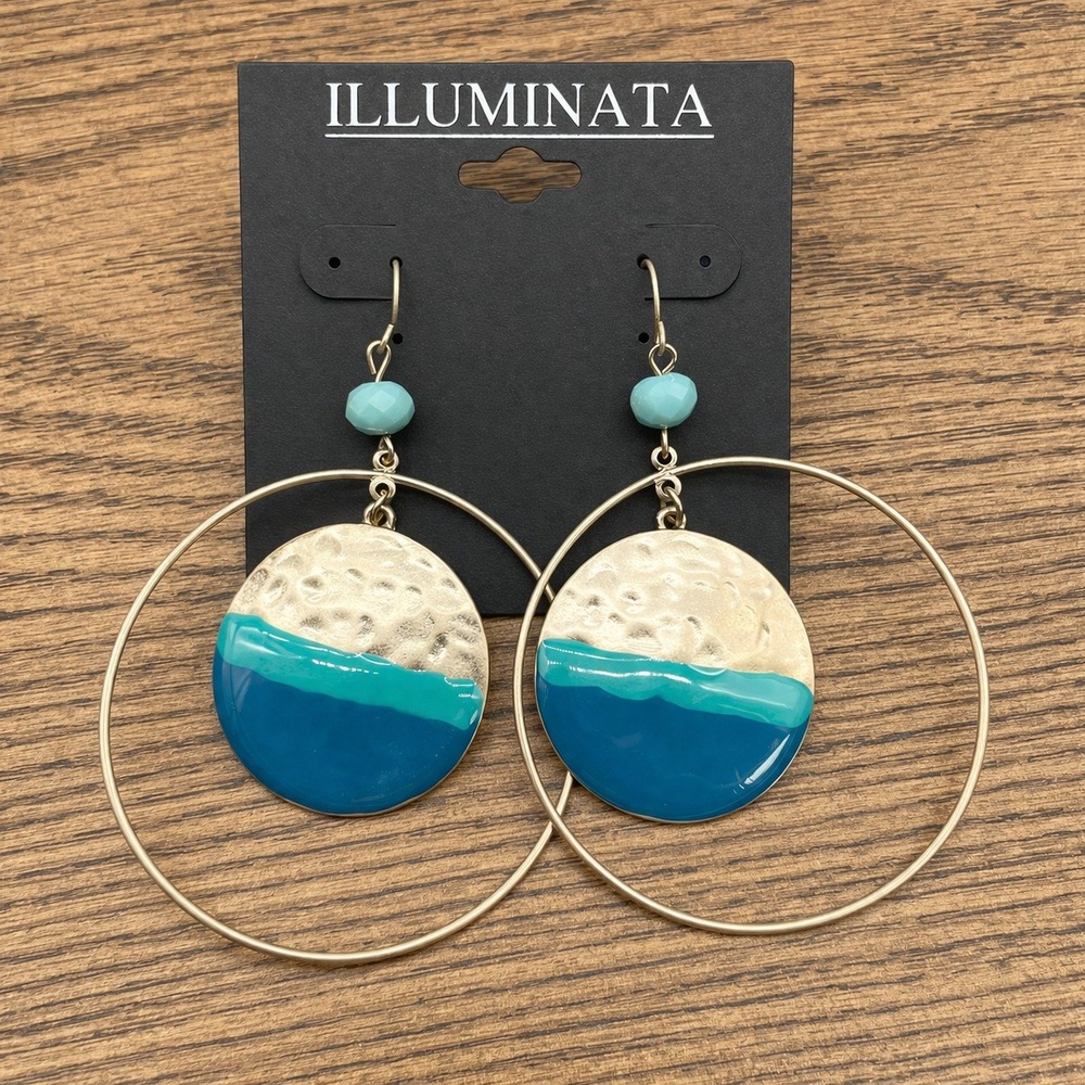Illuminata Earrings Aqua‎ Blue Goldtone Hammered Boho Statement Art Deco Retro